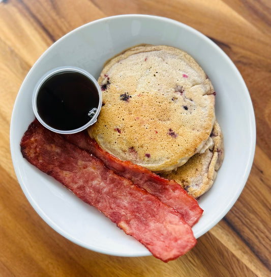 Mixed Berry White Chocolate Protein Pancakes