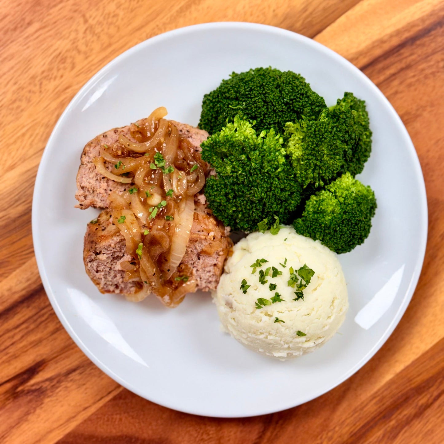 French onion meatloaf, mashed potatoes, and roasted broccoli.